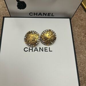 CHANEL Vintage Collectible Gold-Tone Crystal CC Button Earrings with Box